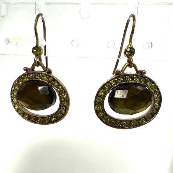 Liz Claiborne Green Rhinestone Oval‎ Drop Dangle Earrings Art Deco Style - Picture 7 of 7